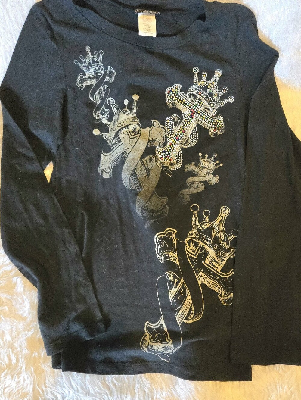 Vintage Y2k Women's Black Long Sleeve Tee Jeweled Cross and Crown Motif Size Med